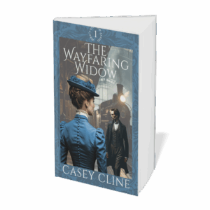 Lady in 19th century blue outfit with back to the viewer, man in black suit walking toward her with train in the backgroung; text The Wayfaring Widdo