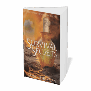 Orange vase with ancient scroll inside sitting on sand; sun shining on vase to give it a glow; text Survival Secrets by Lana Christian