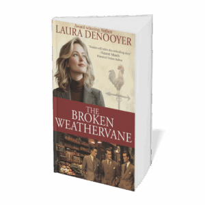 Mid 20's woman with blonde hair and blue outfit looking upward; text The Broken Weathervane on top of red block