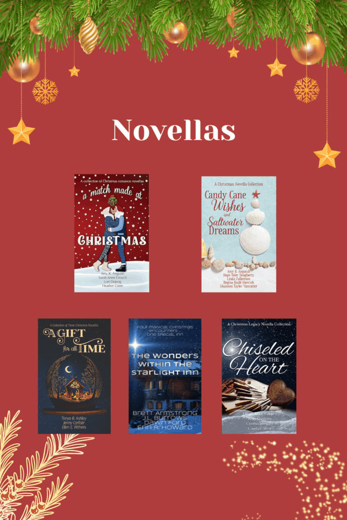 Collection of Christian Christmas novella covers from Scrivenings Press, including A Match Made at Christmas, Candy Cane Wishes and Saltwater Dreams, A Gift for All Time, The Wonders Within the Starlight Inn, and Chiseled on the Heart, displayed on a red holiday background with ornaments.