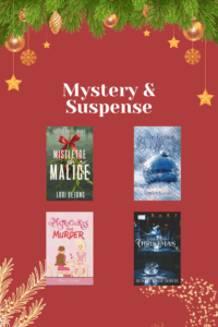 Christian Christmas mystery and suspense novels from Scrivenings Press, including Mistletoe and Malice, The Kissing Ball, Manicures and Murder, and True Blue Christmas, displayed with holiday decorations and gold stars.