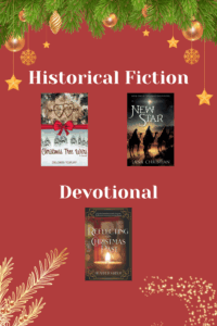 Christian Christmas books in historical fiction and devotional genres from Scrivenings Press, featuring Christmas Tree Wars, New Star, and Reflecting on Christmas Past, set against a red background with festive pine accents.