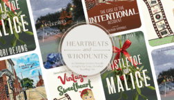 Collage of four Christian fiction book covers—Mistletoe and Malice by Lori DeJong, Chasing Tanzanite by Shirley Gould, The Case of the Intentional Accident by Deborah Sprinkle, and Vintage Sweetheart by Shannon Sue Dunlap—with a central circle text overlay reading “Heartbeats and Whodunits: 4 Christian Fiction Novels to Light Up Your October Reading List.”