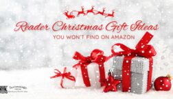 Festive holiday graphic with wrapped Christmas gifts in red and silver, snowflakes falling, and the title “Reader Christmas Gift Ideas You Won’t Find on Amazon” in elegant red script. The Scrivenings Press logo appears in the bottom left corner.