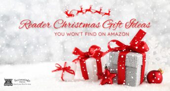 Festive holiday graphic with wrapped Christmas gifts in red and silver, snowflakes falling, and the title “Reader Christmas Gift Ideas You Won’t Find on Amazon” in elegant red script. The Scrivenings Press logo appears in the bottom left corner.