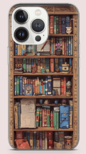 A clear smartphone case featuring a colorful illustrated bookshelf filled with neatly arranged books, plants, candles, scrolls, and decorative items. The cozy, detailed design creates a whimsical library look—an ideal reader Christmas gift idea for book lovers.