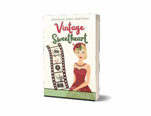 Book cover of Vintage Sweetheart by Shannon Sue Dunlap, featuring an illustrated woman in a vintage red dress with a rose headpiece, alongside a filmstrip with retro icons like a record player, camera, and movie scenes. Sweetheart Series—Book Three.
