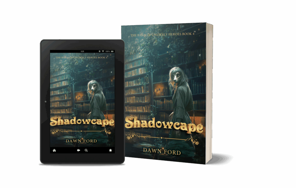 Book cover of Shadowscape by Dawn Ford, featuring a mysterious young woman with glowing eyes standing in a dimly lit library filled with books and greenery, shown in paperback and eBook formats.