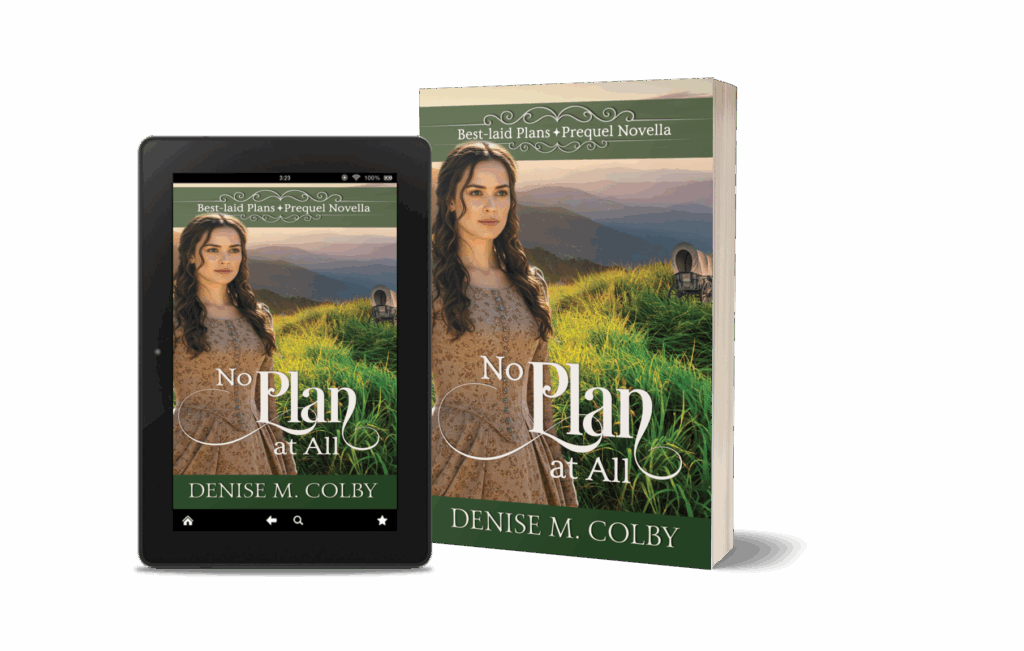 Book cover of No Plan at All by Denise M. Colby, featuring a young woman in a prairie dress standing in a grassy field at sunset with mountains and a covered wagon in the background, shown in paperback and eBook formats.