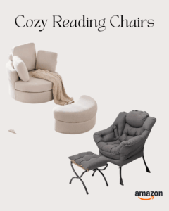 Collage of cozy reading chairs, including a plush cream swivel chair with ottoman and a cushioned gray lounge chair with footrest, styled for a comfortable reading nook.