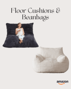 Soft floor seating options for reading, featuring an oversized dark gray floor cushion with a woman holding a mug and a ribbed cream beanbag chair for relaxed lounging.”