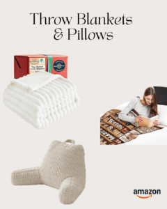 Reading nook accessories including a thick white throw blanket, a reading-themed lap blanket with book illustrations, and a neutral corduroy-style backrest pillow.