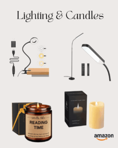 Reading nook lighting options including an adjustable clip-on book light, a modern floor lamp with remote control, a flexible desk lamp, and flameless candles for soft ambient light.