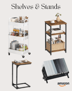 Functional reading nook storage featuring a rolling cart with books and supplies, a rustic side table with shelves, a slim C-shaped table, and an angled book stand.