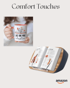 Cozy reading accessories including a ceramic mug that reads ‘Just one more chapter’ and a wooden book stand holding an open book for hands-free reading.”