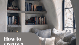 Warm and inviting reading nook built into an arched alcove, with built-in bookshelves, layered neutral pillows, soft natural light, and text reading ‘How to create a cozy reading nook.