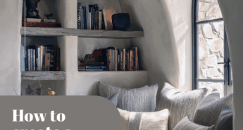 Warm and inviting reading nook built into an arched alcove, with built-in bookshelves, layered neutral pillows, soft natural light, and text reading ‘How to create a cozy reading nook.