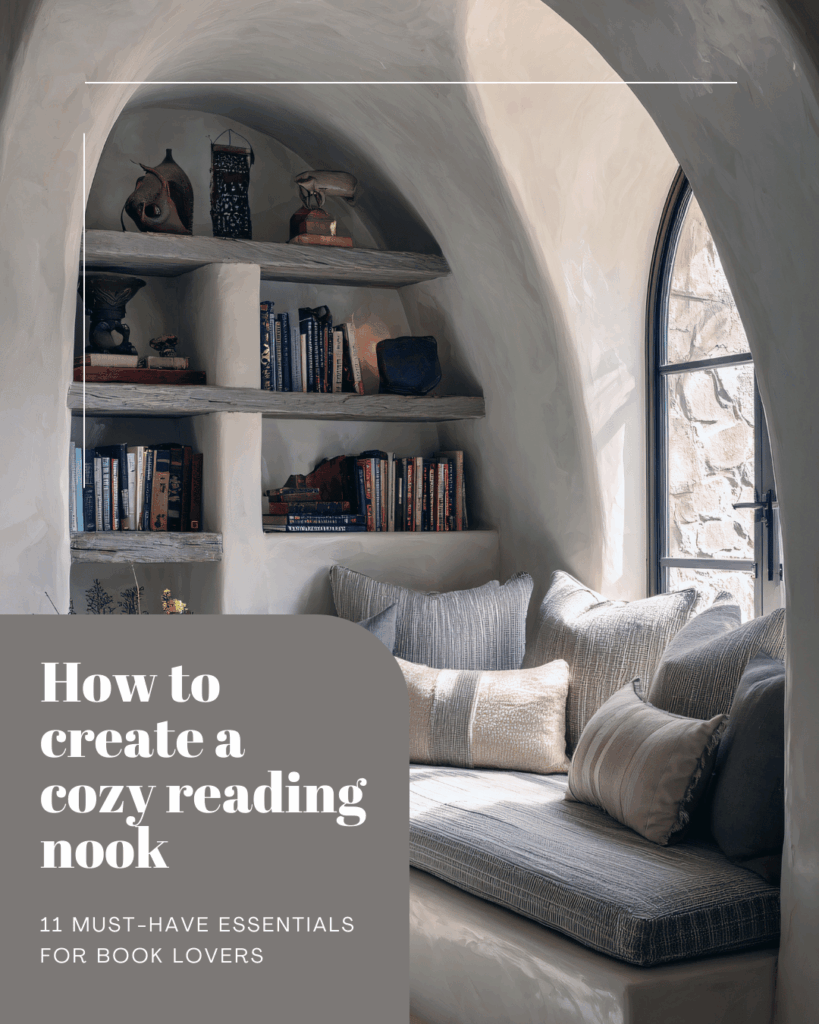 Warm and inviting reading nook built into an arched alcove, with built-in bookshelves, layered neutral pillows, soft natural light, and text reading ‘How to create a cozy reading nook.