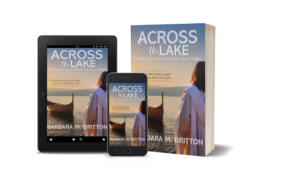 Composite image showing Across the Lake: Traveling with Jesus Around the Sea of Galilee by Barbara M. Britton displayed as a paperback book, ebook on a tablet, and ebook on a smartphone. The cover features a woman in a light robe standing near a wooden boat on the shore of the Sea of Galilee at sunset.