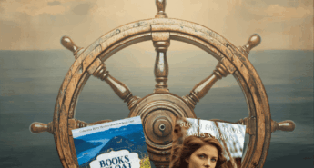 A stylized image of a wooden ship’s wheel against a calm sea and sky. The headline reads “When Women Took the Helm.” Below the wheel are two book covers: Books Afloat by Delores Topliff and The Seafaring Women of the Vera B by Susan Page Davis and James S. Davis, representing historical fiction stories of women leading at sea.