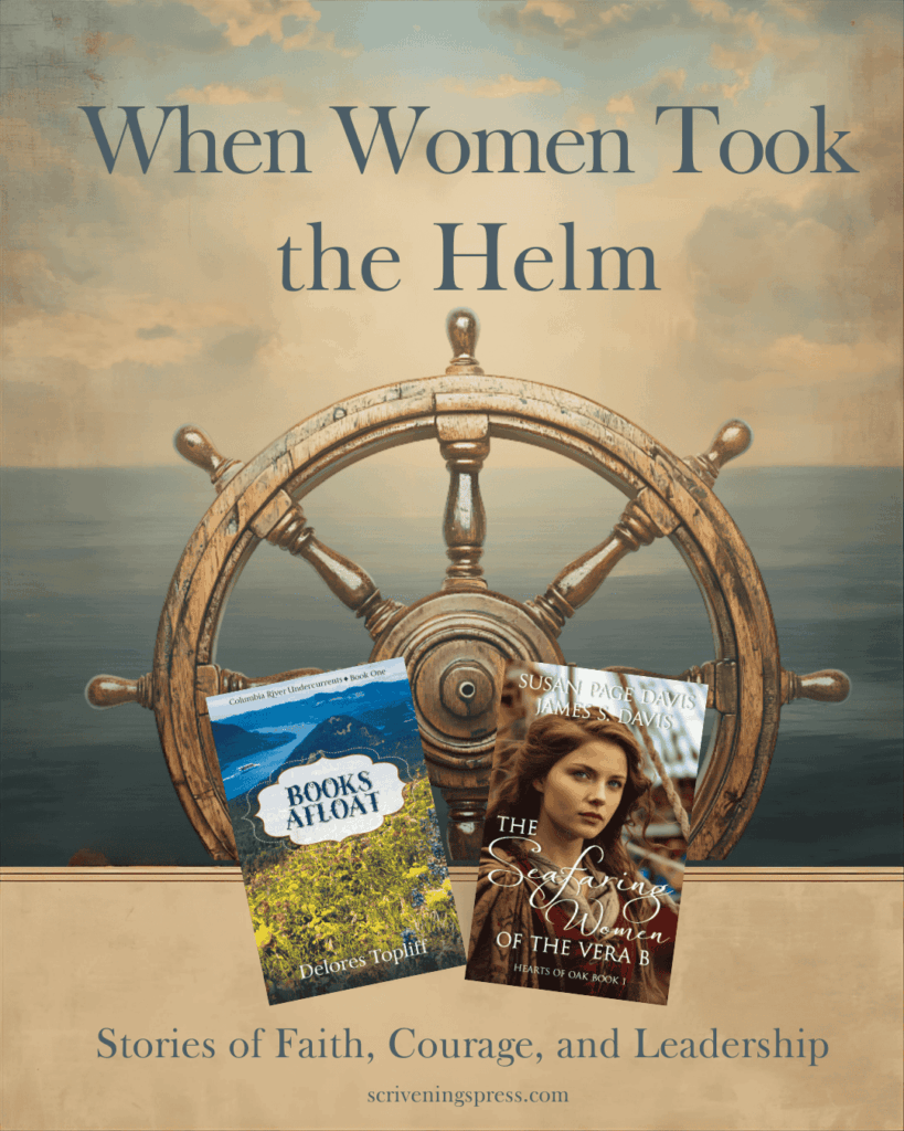 A stylized image of a wooden ship’s wheel against a calm sea and sky. The headline reads “When Women Took the Helm.” Below the wheel are two book covers: Books Afloat by Delores Topliff and The Seafaring Women of the Vera B by Susan Page Davis and James S. Davis, representing historical fiction stories of women leading at sea.