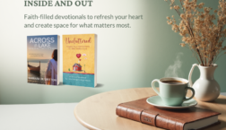 Promotional graphic with the headline “Start the Year Lighter—Inside and Out.” Two devotional book covers, Across the Lake by Barbara M. Britton and Uncluttered: Shaping Your Heart and Home for What Matters Most by Liana George and Angie Hyche, appear on the left. On the right is a cozy scene with a Bible on a wooden table, a steaming cup of coffee, and a vase of dried flowers against a soft green background. Scrivenings Press logo appears at the bottom.