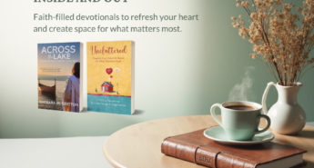 Promotional graphic with the headline “Start the Year Lighter—Inside and Out.” Two devotional book covers, Across the Lake by Barbara M. Britton and Uncluttered: Shaping Your Heart and Home for What Matters Most by Liana George and Angie Hyche, appear on the left. On the right is a cozy scene with a Bible on a wooden table, a steaming cup of coffee, and a vase of dried flowers against a soft green background. Scrivenings Press logo appears at the bottom.