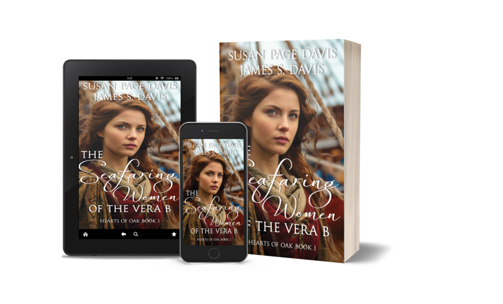 Three formats of the book The Seafaring Women of the Vera B by Susan Page Davis and James S. Davis displayed against a black background: a tablet, a smartphone, and a paperback edition, all featuring the same cover with a determined young woman aboard a sailing ship, ropes and rigging visible behind her.