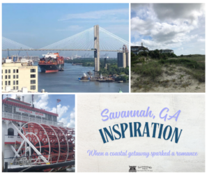 Graphic with Savannah River bridge, Tybee Island beach, Georgia Queen riverboat, and text about Savannah, GA inspiration from a coastal getaway.