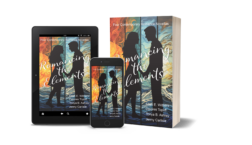 Product mockup of Romancing the Elements, a contemporary romance novella collection, shown as an ebook on a tablet and smartphone alongside a paperback edition. The cover features a silhouetted couple against colorful elemental artwork.