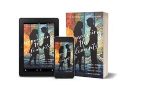 Product mockup of Romancing the Elements, a contemporary romance novella collection, shown as an ebook on a tablet and smartphone alongside a paperback edition. The cover features a silhouetted couple against colorful elemental artwork.