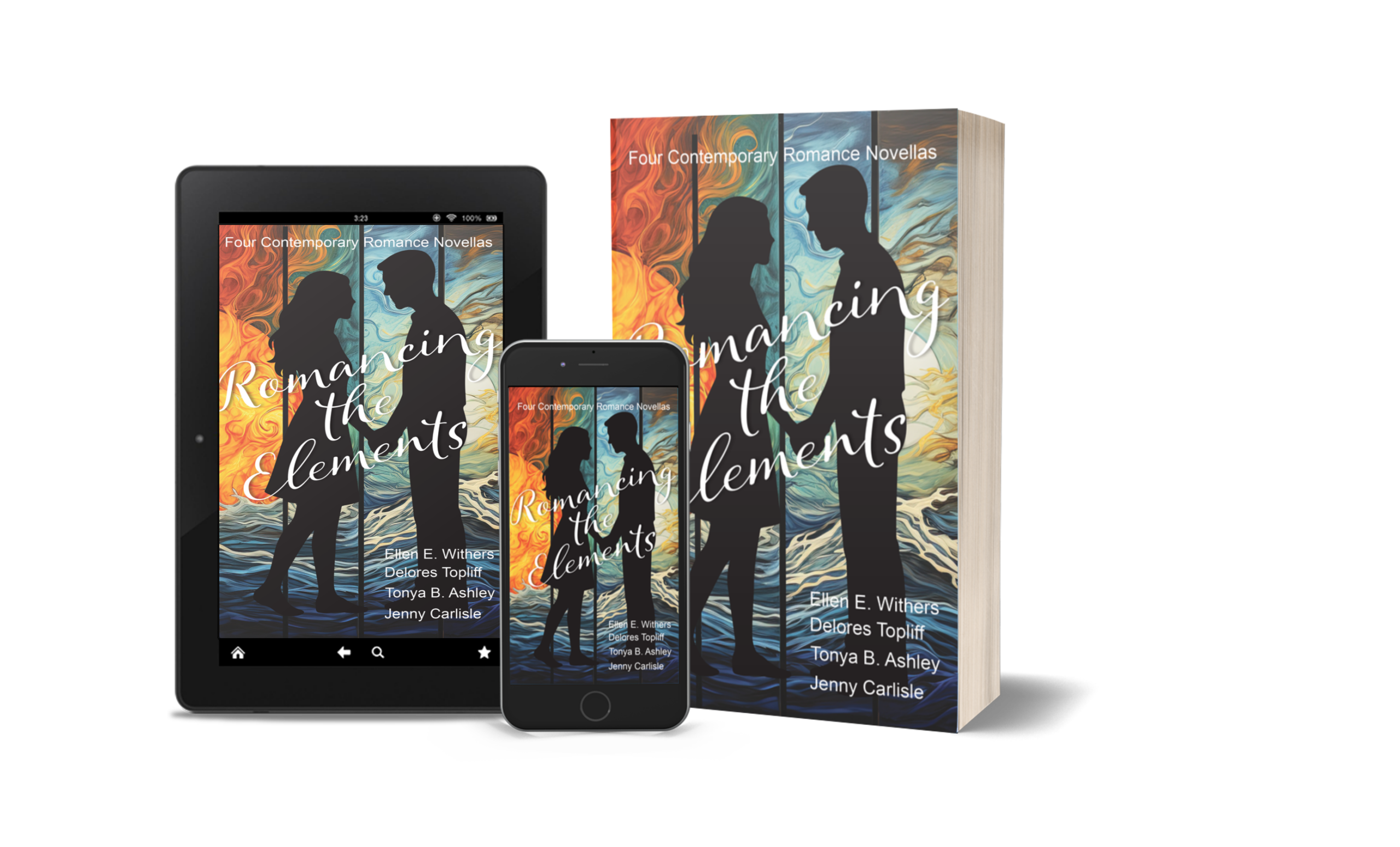 Product mockup of Romancing the Elements, a contemporary romance novella collection, shown as an ebook on a tablet and smartphone alongside a paperback edition. The cover features a silhouetted couple against colorful elemental artwork.