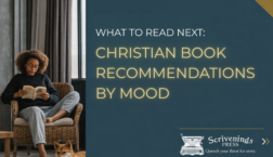 Graphic reading “What to Read Next: Christian Book Recommendations by Mood” with a woman reading in a wicker chair beside a dog and Scrivenings Press branding on a teal background.