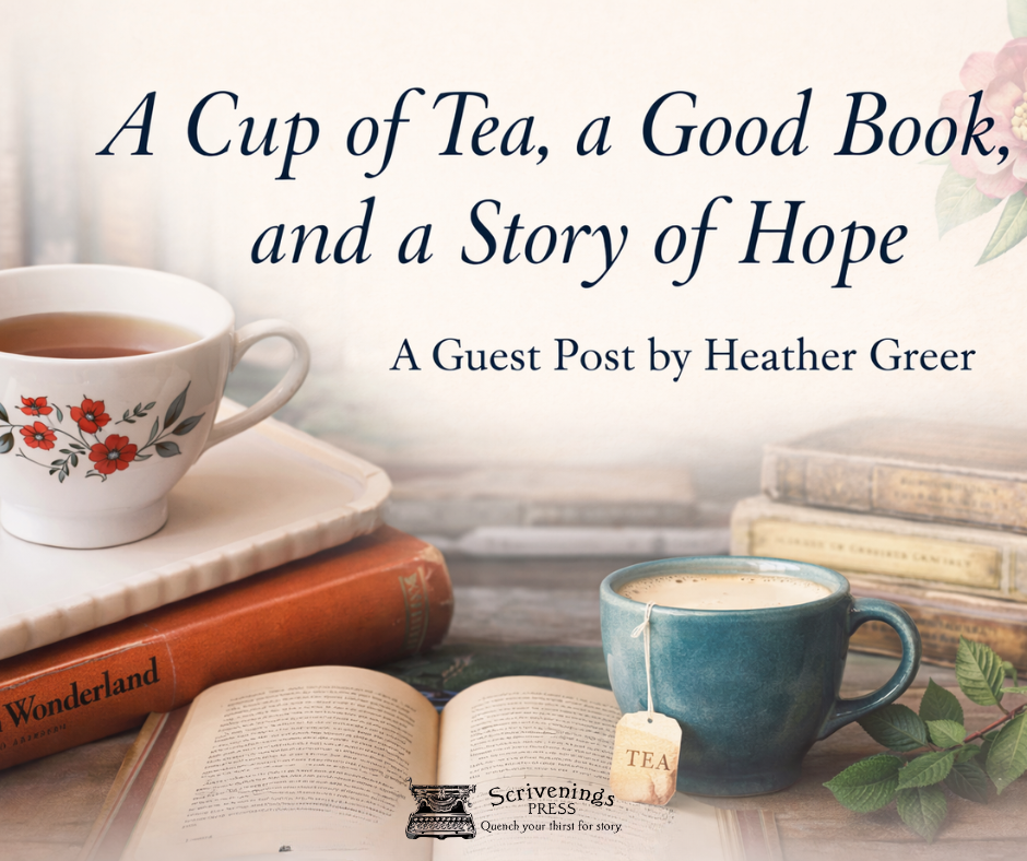 Blog graphic featuring stacked vintage books, two cups of tea, and an open book, with the title “A Cup of Tea, a Good Book, and a Story of Hope” and the subtitle “A Guest Post by Heather Greer,” branded with Scrivenings Press.