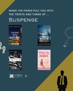 Graphic reading “When the Pages Pull You Into the Twists and Turns of Suspense” featuring Christian suspense novel covers on a dark teal background with mystery-themed illustrations.