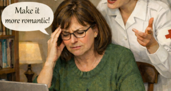 A stressed writer sits at a desk with a laptop and crumpled papers while an animated nurse character leans over her shoulder giving conflicting suggestions in speech bubbles, including “Me, me, me!” “Let me star!” “I want to marry John!” and “Make it more romantic!”