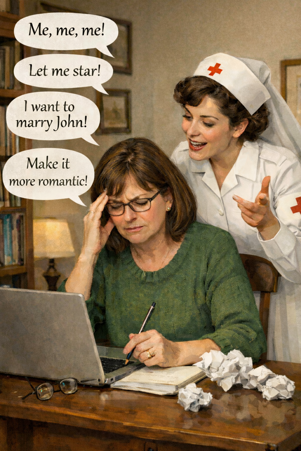 A stressed writer sits at a desk with a laptop and crumpled papers while an animated nurse character leans over her shoulder giving conflicting suggestions in speech bubbles, including “Me, me, me!” “Let me star!” “I want to marry John!” and “Make it more romantic!”