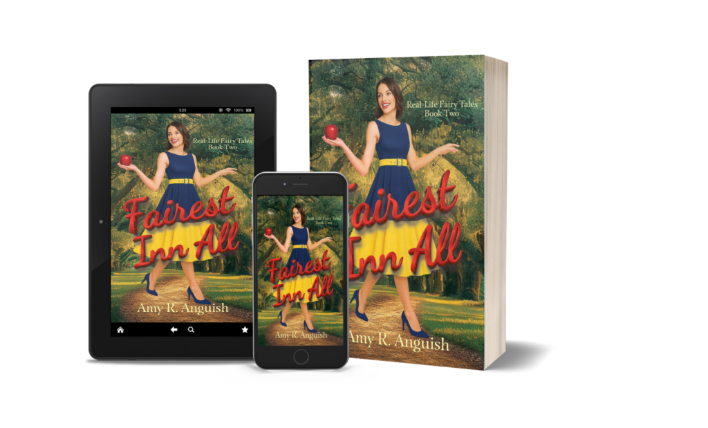 Book cover for Fairest Inn All by Amy R. Anguish displayed on ebook, tablet, and paperback formats, featuring a woman in a blue and yellow dress holding a red apple in a forest setting.
