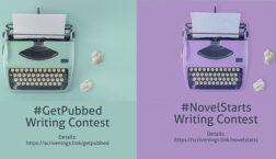 Split graphic featuring two pastel typewriters promoting Scrivenings Press writing contests. Left side highlights the #GetPubbed Writing Contest for completed clean fiction with details at scrivenings.link/getpubbed. Right side highlights the #NovelStarts Writing Contest for unfinished clean fiction with details at scrivenings.link/novelstarts.