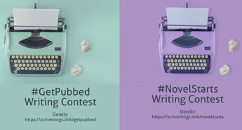 Split graphic featuring two pastel typewriters promoting Scrivenings Press writing contests. Left side highlights the #GetPubbed Writing Contest for completed clean fiction with details at scrivenings.link/getpubbed. Right side highlights the #NovelStarts Writing Contest for unfinished clean fiction with details at scrivenings.link/novelstarts.