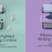 Split graphic featuring two pastel typewriters promoting Scrivenings Press writing contests. Left side highlights the #GetPubbed Writing Contest for completed clean fiction with details at scrivenings.link/getpubbed. Right side highlights the #NovelStarts Writing Contest for unfinished clean fiction with details at scrivenings.link/novelstarts.