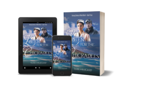 Book cover for Listen for the Chickadees by Terri Wangard shown on ebook, tablet, and paperback formats, featuring a WWII nurse and pilot against a coastal landscape.