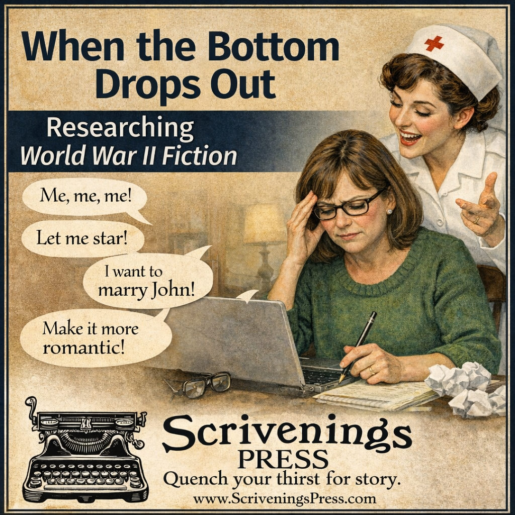 Promotional blog graphic for Scrivenings Press titled “When the Bottom Drops Out: Researching World War II Fiction.” A frustrated writer sits at a desk with a laptop and crumpled papers while a cheerful WWII-era nurse character stands behind her suggesting story ideas in speech bubbles. The Scrivenings Press logo and tagline “Quench your thirst for story” appear at the bottom.