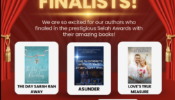 Celebratory graphic with red curtains and gold spotlight reading “Congratulations to our Selah Award Finalists.” Five book covers are displayed: The Day Sarah Ran Away by Janell Goodrich York, Asunder by Brett Armstrong, Love’s True Measure by Lori DeJong, Frame of Reference by Amber Gabriel, and You Write You by Heather Greer. Text highlights excitement for Scrivenings Press authors recognized as Selah Award finalists. Scrivenings Press logo appears at the bottom.