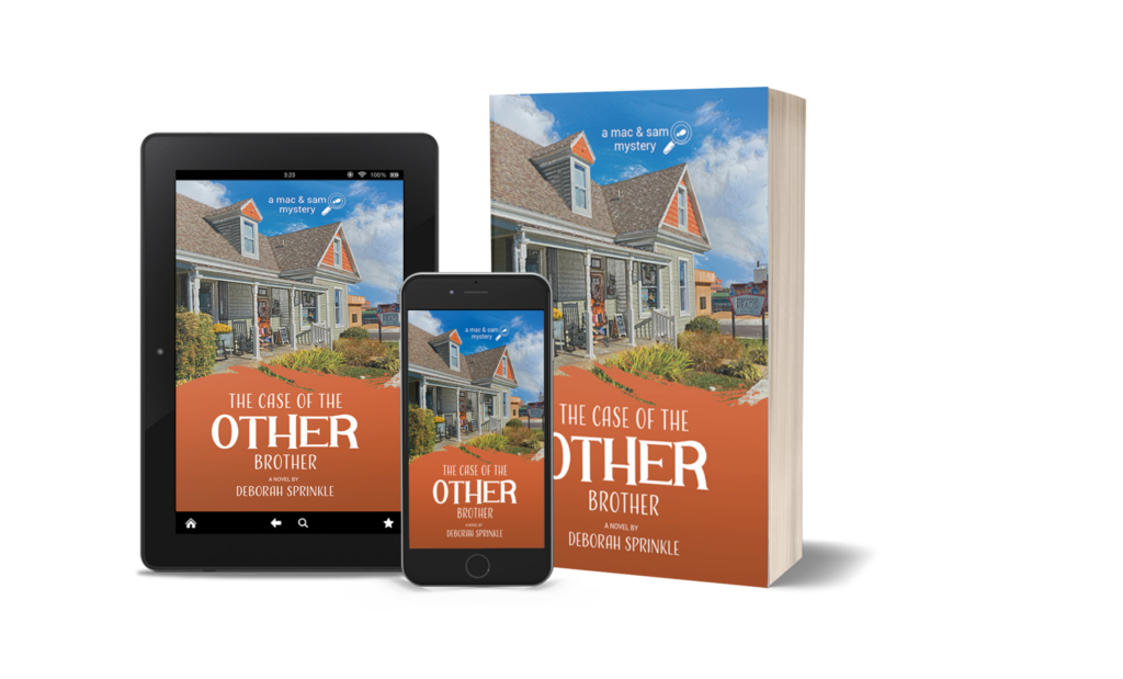 Book cover for The Case of the Other Brother by Deborah Sprinkle displayed on ebook, tablet, and paperback formats, showing a small-town storefront and home in a cozy mystery setting.