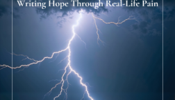 Dark storm clouds with a bright lightning strike across the sky, featuring the text “Faith in the Storm: Writing Hope Through Real-Life Pain” and scriveningspress.com at the bottom.