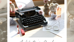 Styled writing desk with a vintage typewriter, papers, lipstick, flowers, and glasses, featuring the text “A Writer’s Guide to Finding Stories in Everyday Life” by Scrivenings Press.