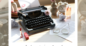 Styled writing desk with a vintage typewriter, papers, lipstick, flowers, and glasses, featuring the text “A Writer’s Guide to Finding Stories in Everyday Life” by Scrivenings Press.