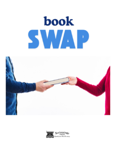 Two people exchanging a book against a white background, with the words “book swap” above, illustrating sharing books as a budget-friendly reading option.