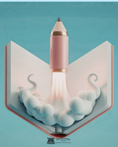 Stylized illustration of an open book with a rocket launching upward from its pages, symbolizing imagination, creativity, and the power of stories.